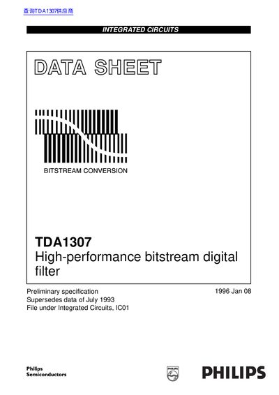 Philips TDA1307 High-performance bitstream digital filter Data Sheet - cover page