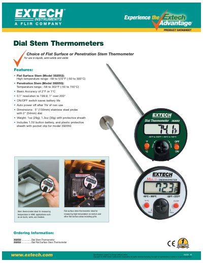 Extech 392050/392052 Dial Stem Thermometer Specifications - cover page