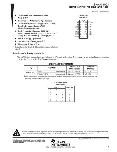 Texas Instruments SN74AC11-Q1 Datasheet