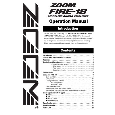 ZOOM FIRE-18 Modeling Guitar Amplifier Operation Manual - cover page