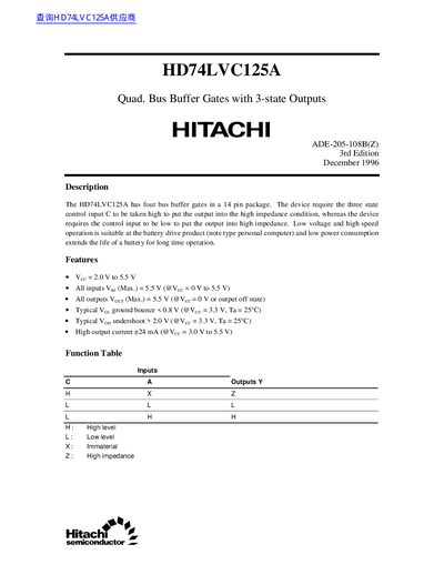 Hitachi HD74LVC125A Datasheet - cover page