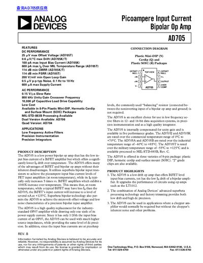 Analog Devices AD705 Bipolar Op Amp Datasheet - cover page