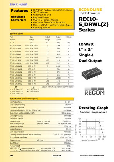 RECOM REC10 10W 1x2 Single & Dual Output Datasheet - cover page