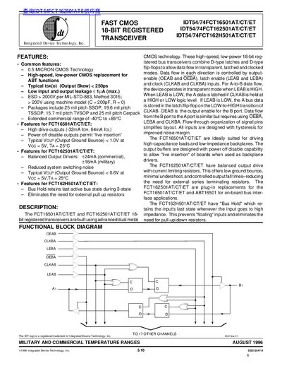 Integrated Device Technology Inc IDT54/74FCT16501AT/CT/ET IDT54/74FCT162501AT/CT/ET IDT54/74FCT162H501AT/CT/ET - cover page