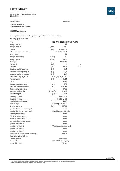 VEM IE2-WE1R 225 S4 KV NS VL HW Three-Phase Motor Data Sheet - cover page