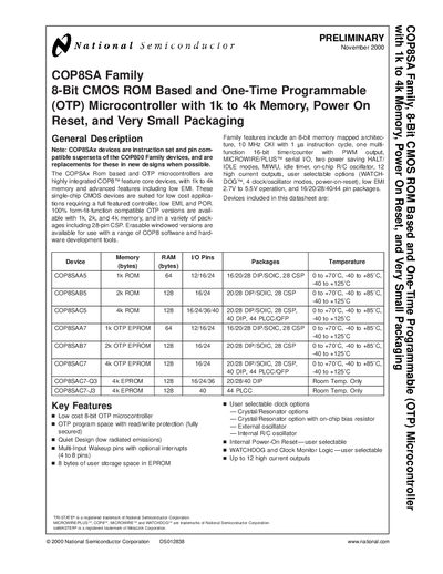 National Semiconductor COP8SA 8-Bit Microcontroller Datasheet - cover page