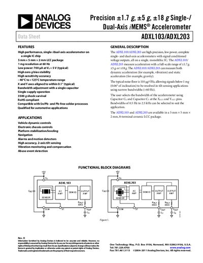 Analog Devices ADXL103/ADXL203 Accelerometer Datasheet - cover page