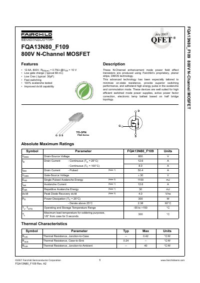 Fairchild FQA13N80_F109 800V N-Channel MOSFET Datasheet - cover page