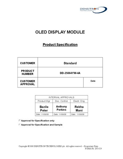 Densitron DD-25664YW-4A OLED Display Module Datasheet - cover page