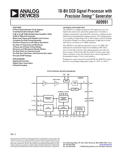 AD9991 10-Bit CCD Signal Processor with Precision Timing Generator