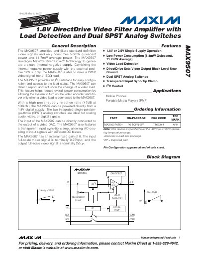 Maxim MAX9507 Video Filter Amplifier Datasheet - cover page