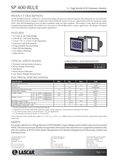 Lascar SP 400-BLUE 3% Digit Backlit LCD Voltmeter Module Datasheet - cover page