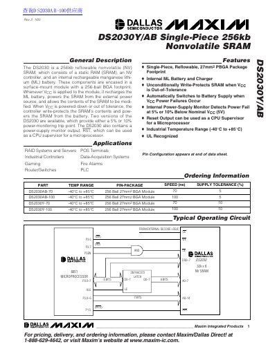 Maxim DS2030Y/AB 256kb Nonvolatile SRAM Datasheet - cover page