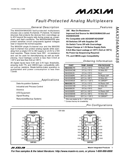 Maxim Integrated MAX354/MAX355 Fault-Protected Analog Multiplexers Datasheet