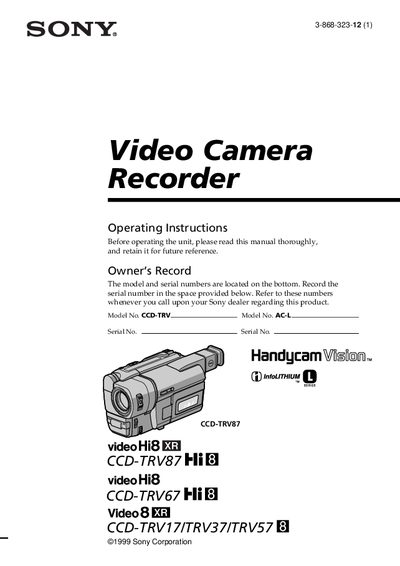 Sony CCD-TRV87/67/17/37/57 Camcorder User Manual - cover page