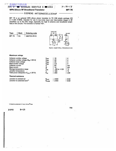 Siemens BFT 75 NPN Silicon RF Broadband Transistor Datasheet - cover page