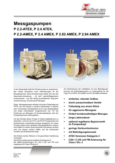 Bühler P 2.2/2.4/2.82/2.84 Measurement Gas Pump Product Leaflet - cover page