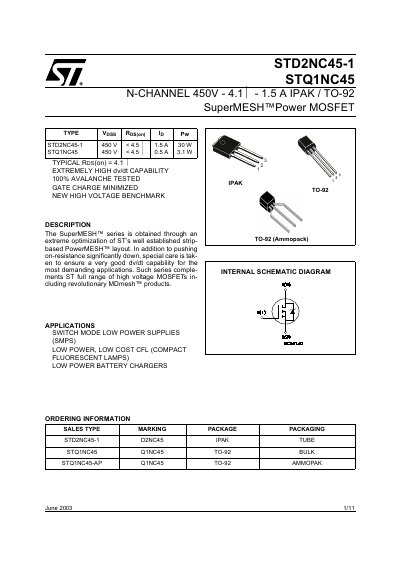 STMicroelectronics STD2NC45-1 / STQ1NC45 PowerMOSFET Datasheet - cover page