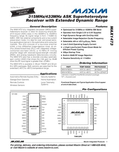 Maxim MAX1473 Superheterodyne Receiver Datasheet - cover page
