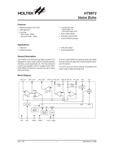 Holtek HT8972 Voice Echo Datasheet - cover page