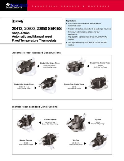 Klixon 20413/20600/20650 Series Snap-Action Thermostat Datasheet - cover page