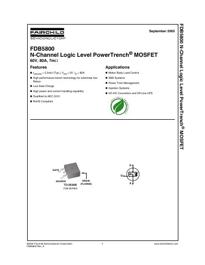 Fairchild FDB5800 N-Channel Logic Level PowerTrench MOSFET Datasheet - cover page
