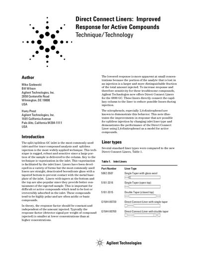 Agilent 6890 GC Direct Connect Liners Application Note - cover page