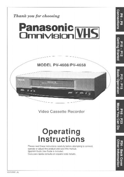 Panasonic PV-4608/4658 Video Cassette Recorder Operating Instructions - cover page