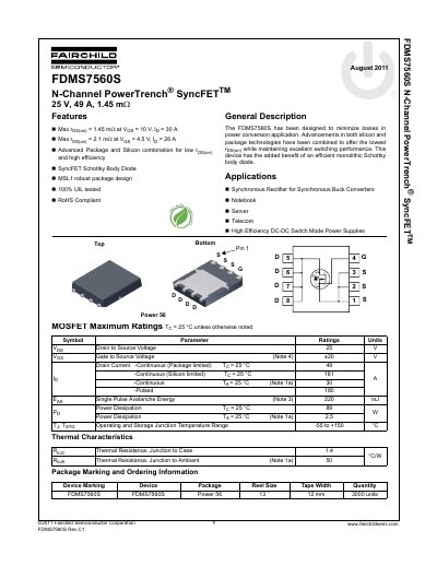 Fairchild Semiconductor FDMS7560S N-Channel PowerTrench SyncFET Datasheet - cover page