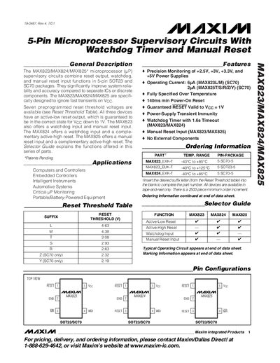 Maxim MAX823/MAX824/MAX825 5‑Pin Microprocessor Supervisory Circuits Datasheet - cover page