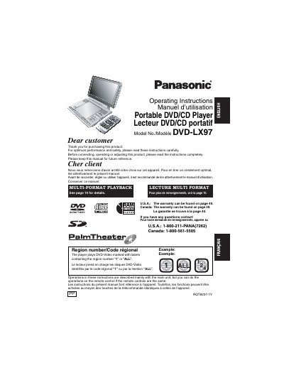 Panasonic DV-DLX97 Portable DVD/CD Player Operating Instructions