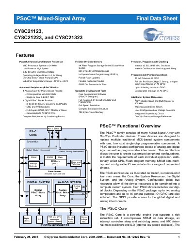 Cypress CY8C21123/CY8C21223/CY8C21323 PSoC Mixed‑Signal Array Datasheet - cover page