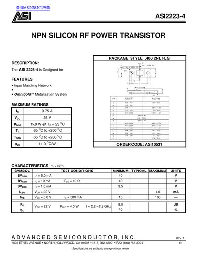 ASI ASI2223-4 NPN Silicon RF Power Transistor Datasheet - cover page