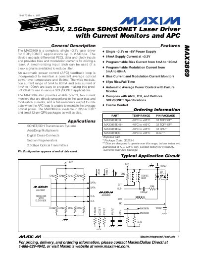Maxim MAX3869 3.3V 2.5Gbps SDH/SONET Laser Driver Datasheet - cover page