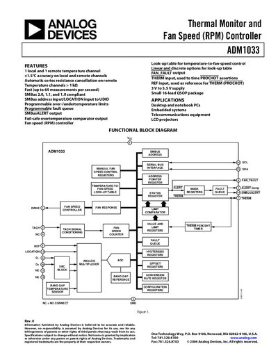 Analog Devices ADM1033 Thermal Monitor and Fan Speed Controller Datasheet - cover page