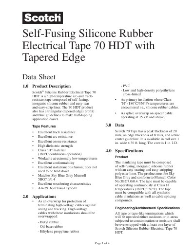 3M 70 HDT Self-Fusing Silicone Rubber Electrical Tape Data Sheet - cover page