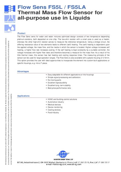 IST FS5L/FS5LA Thermal Mass Flow Sensor Data Sheet - cover page