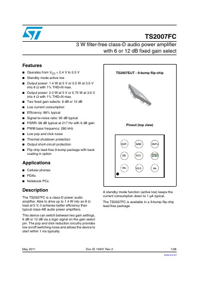 STMicroelectronics TS2007FC Class-D Audio Power Amplifier Datasheet