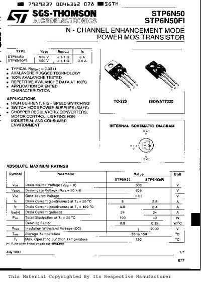 SGS-THOMSON STP6N50 STP6N50F1 Manual
