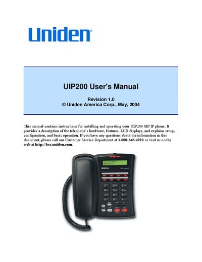 Uniden UIP200 SIP IP Phone User's Manual - cover page
