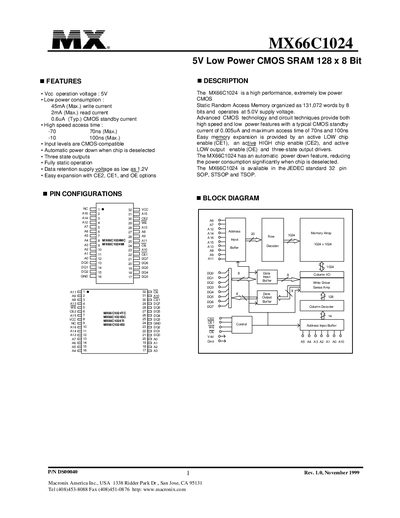 Macronix MX66C1024 SRAM Datasheet - cover page