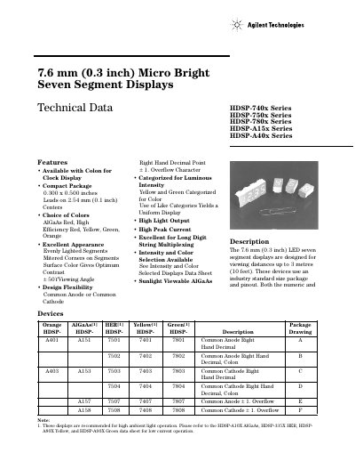 Agilent HDSP-740x Series 7.6 mm Micro Bright Seven Segment Displays Datasheet - cover page