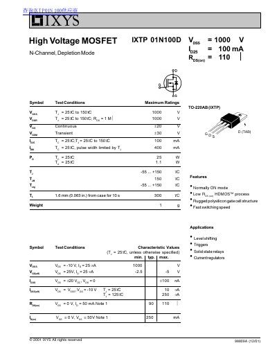 IXYS IXTP 01N100D High Voltage MOSFET Datasheet - cover page