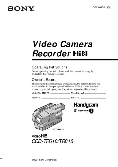 Sony CCD-TR618/CCD-TR818 Camcorder User Manual - cover page