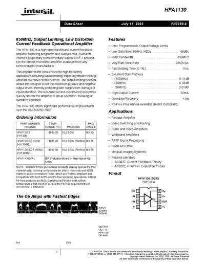 Intersil HFA1130 Operational Amplifier Datasheet
