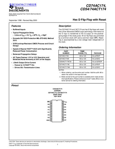 TEXAS INSTRUMENTS CD74AC174 CD54/74ACT174 Hex D Flip-Flop with Reset handbook - cover page