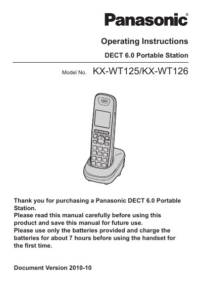 Panasonic KX-WT125/KX-WT126 DECT 6.0 Portable Station Operating Instructions - cover page