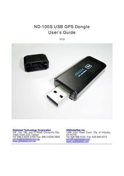 GlobalSat ND-100S USB GPS Dongle User Guide - cover page