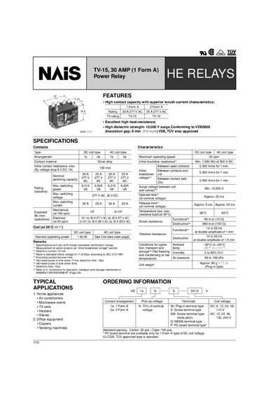 Matsushita TV-15 Power Relay Datasheet - cover page