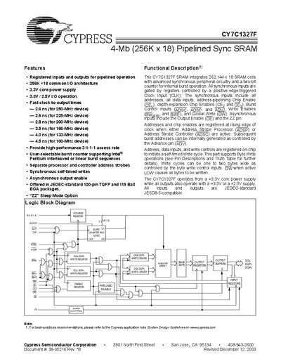 Cypress CY7C1327F 4-Mb Pipelined Sync SRAM Datasheet - cover page